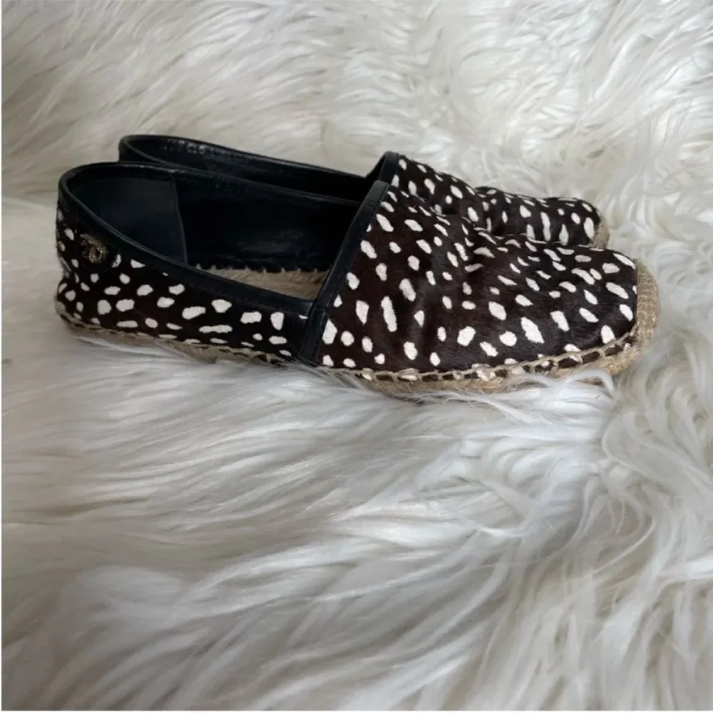 Tory Burch Black‎ and White Mckenzie Dotted Pony Espadrille Slip On Flats 7.5